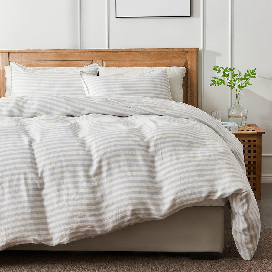 King Size Washed Linen Duvet Cover with Shams, Stripe Design, 3 Piece Bedding Duvet Cover Set Image 1