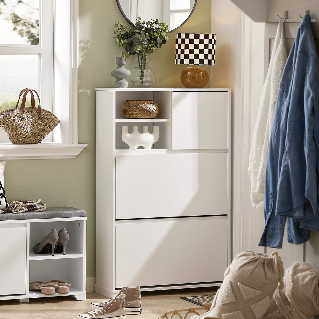 Haotian FSR111-W, White Shoe Cabinet with 2 Flip-Drawers, 1 Cabinet and 2 Shelves, Shoe Rack, Shoe Storage Cupboard, Image 1