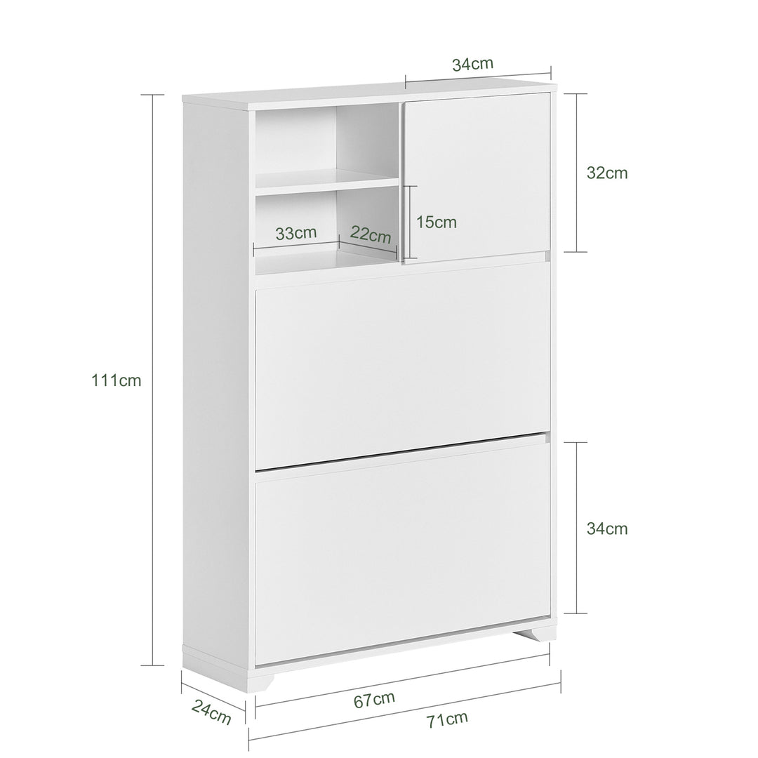 Haotian FSR111-W, White Shoe Cabinet with 2 Flip-Drawers, 1 Cabinet and 2 Shelves, Shoe Rack, Shoe Storage Cupboard, Image 3