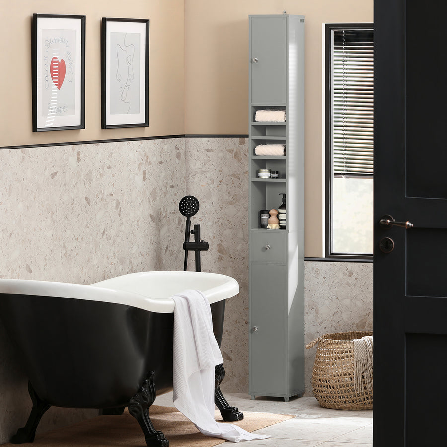 Haotian BZR34-HG, Grey Bathroom Tall Cabinet with 1 Drawer, 2 Doors and Adjustable Shelves, Bathroom Shelf, 7.87 x 7.87 Image 1