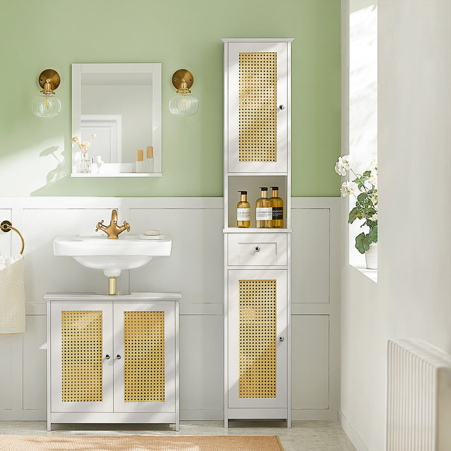 Haotian BZR70-W, White Tall Bathroom Cabinet with Rattan Door, Drawer and Storage Compartment, Linen Tower Bath Cabinet, Image 1