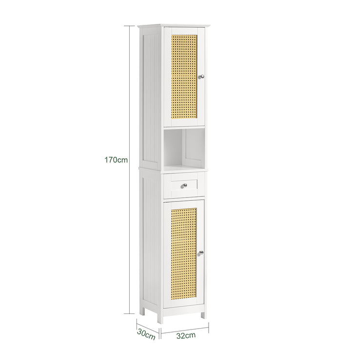 Haotian BZR70-W, White Tall Bathroom Cabinet with Rattan Door, Drawer and Storage Compartment, Linen Tower Bath Cabinet, Image 3