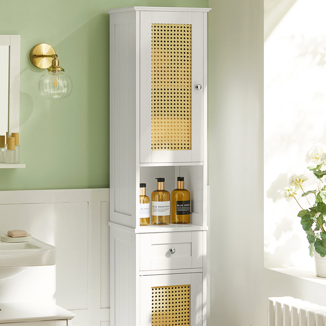 Haotian BZR70-W, White Tall Bathroom Cabinet with Rattan Door, Drawer and Storage Compartment, Linen Tower Bath Cabinet, Image 4