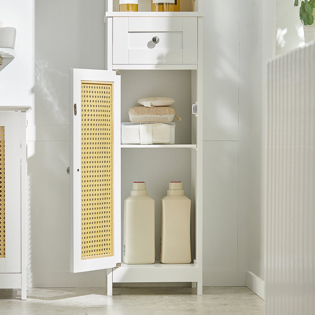 Haotian BZR70-W, White Tall Bathroom Cabinet with Rattan Door, Drawer and Storage Compartment, Linen Tower Bath Cabinet, Image 6