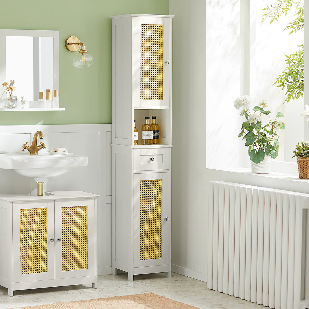 Haotian BZR70-W, White Tall Bathroom Cabinet with Rattan Door, Drawer and Storage Compartment, Linen Tower Bath Cabinet, Image 7