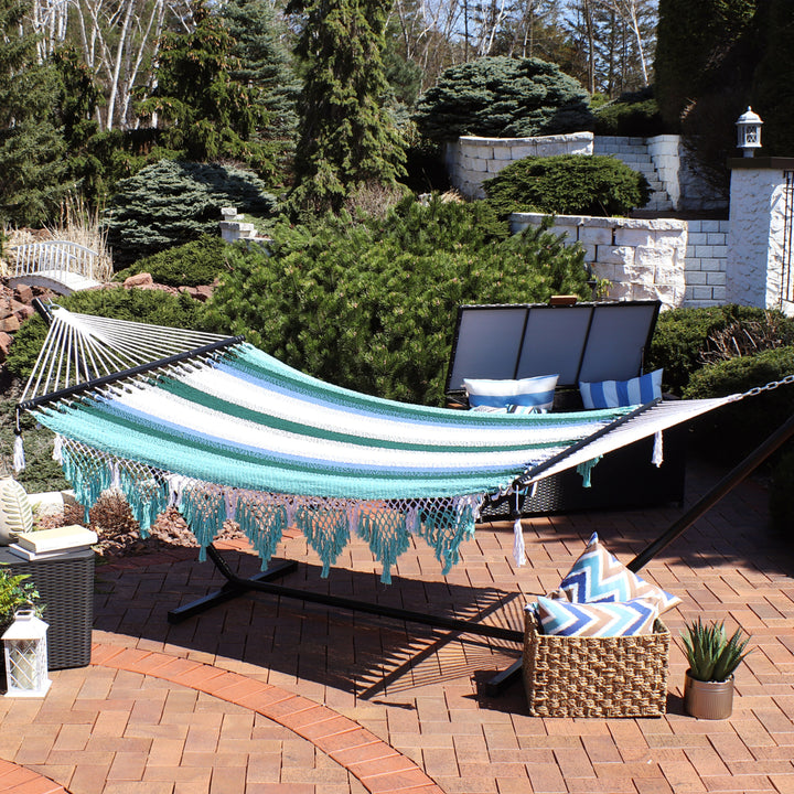 Sunnydaze Large Woven Hammock with Spreader Bar and Fringe - Lagoon Stripes Image 2