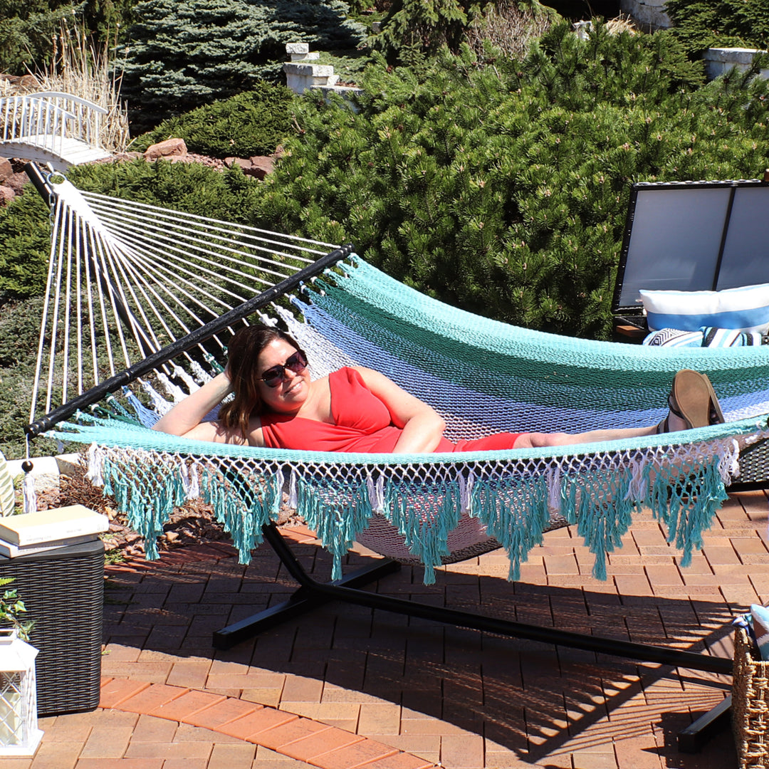 Sunnydaze Large Woven Hammock with Spreader Bar and Fringe - Lagoon Stripes Image 8