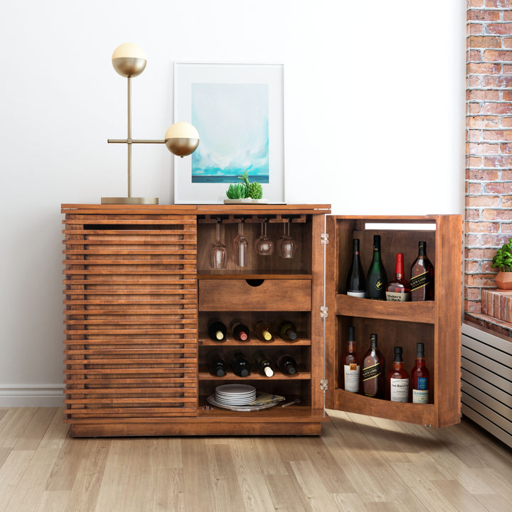 Linea Bar Cabinet Walnut Solid Fir Wood Modern Design with Wine Rack and Drawers Image 11