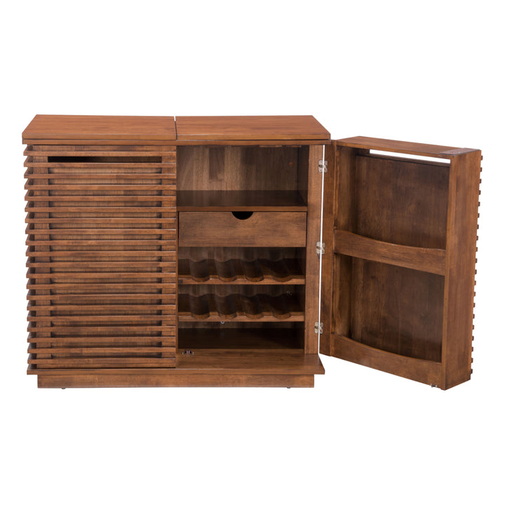 Linea Bar Cabinet Walnut Solid Fir Wood Modern Design with Wine Rack and Drawers Image 5