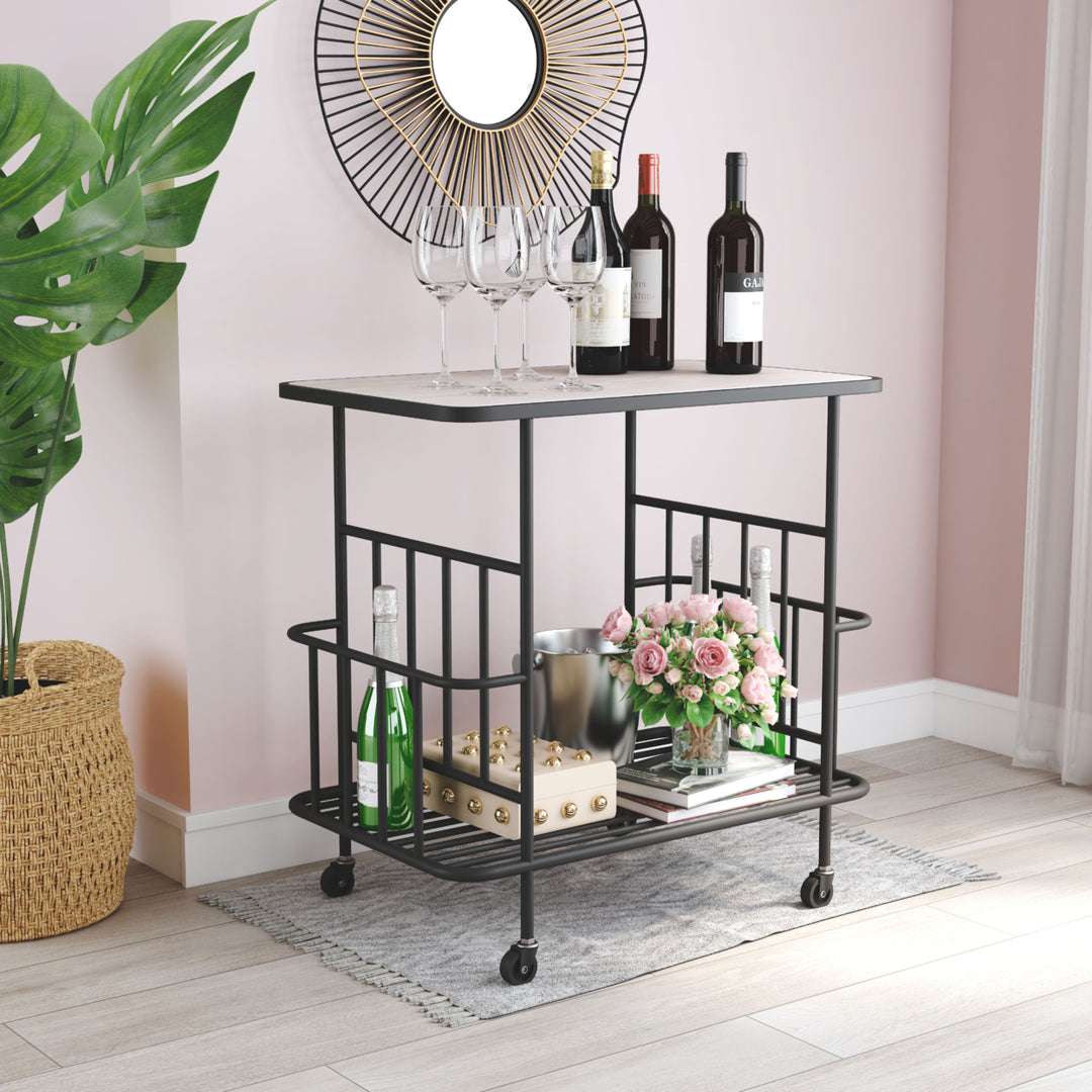 Argus Bar Cart Black Wood Top Rolling Storage Beverage Serving Table 4 Casters Image 7