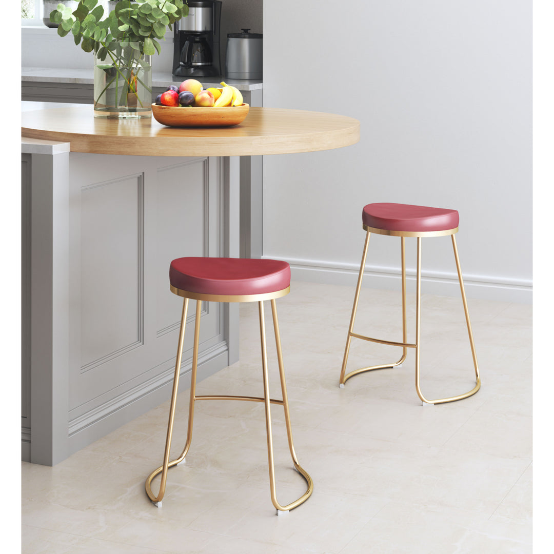 Bree Counter Stool Set of 2 Burgundy Faux Leather Gold Stainless Steel Legs Image 1