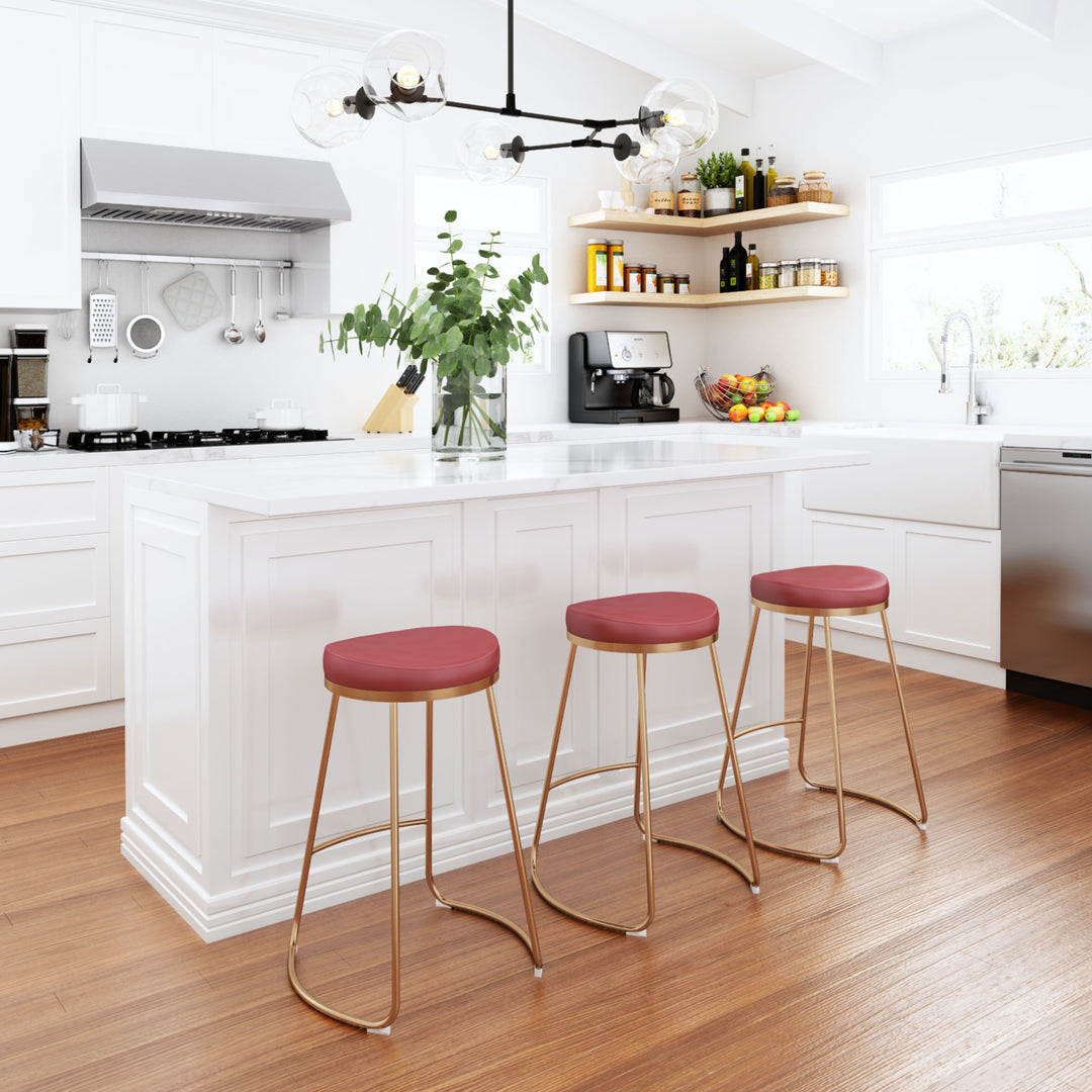 Bree Counter Stool Set of 2 Burgundy Faux Leather Gold Stainless Steel Legs Image 2