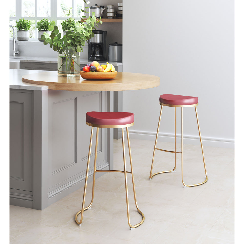 Bree Barstool Set of 2 Burgundy Faux Leather Gold Stainless Steel Legs Image 2