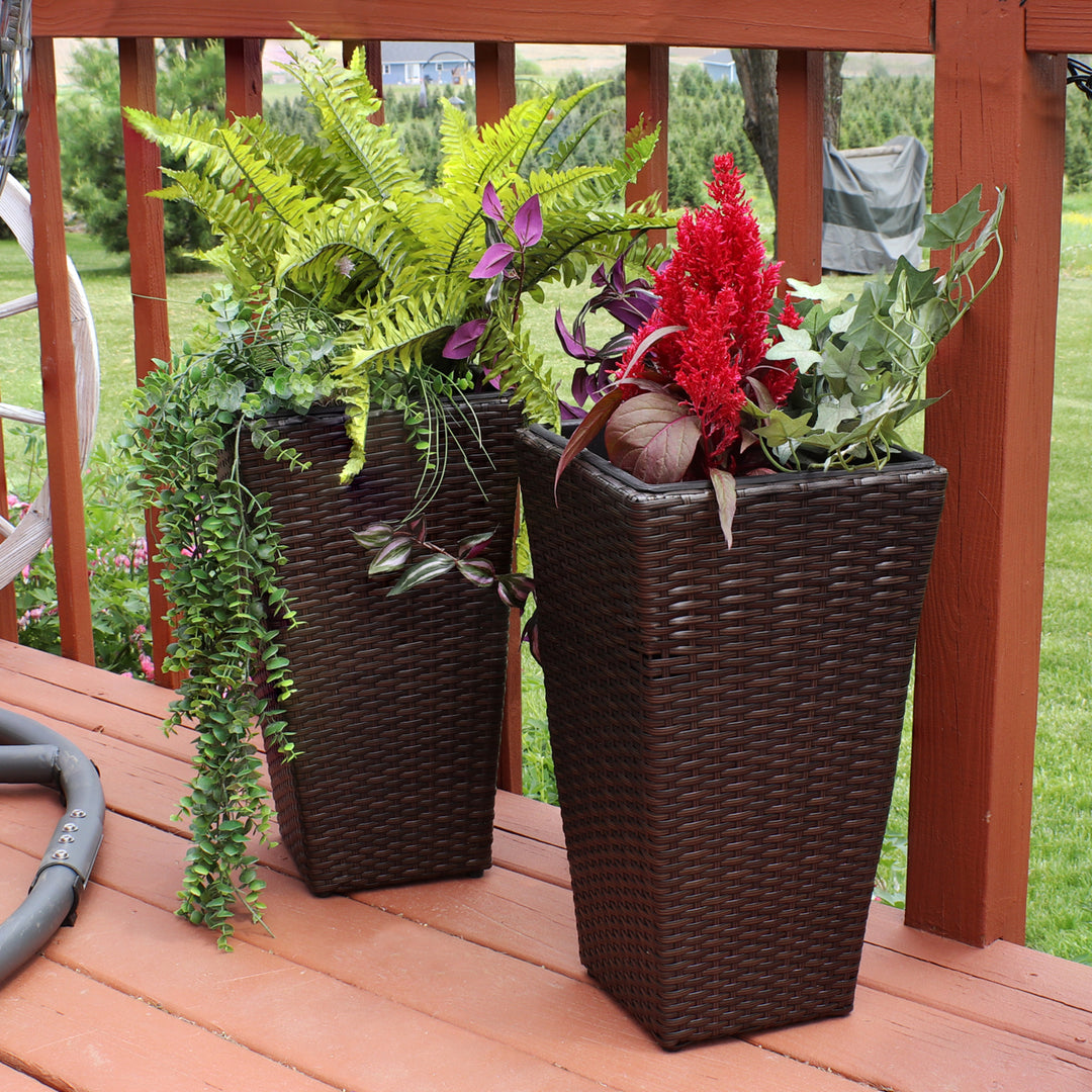 Sunnydaze 20 in Polyrattan Tall Square Planter - Brown - Set of 2 Image 4