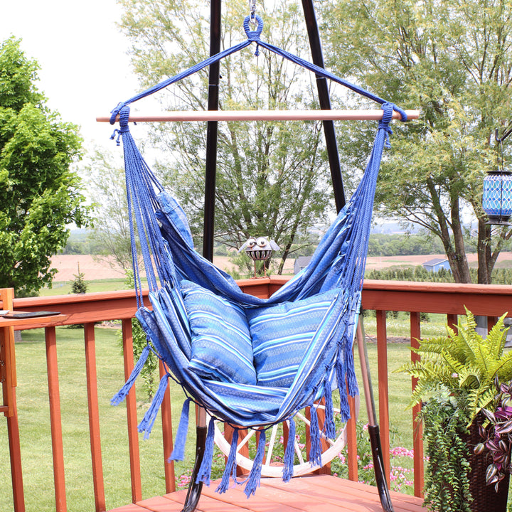 Sunnydaze Polyester Hammock Chair with Cushions and Fringe - Blue Stripes Image 4