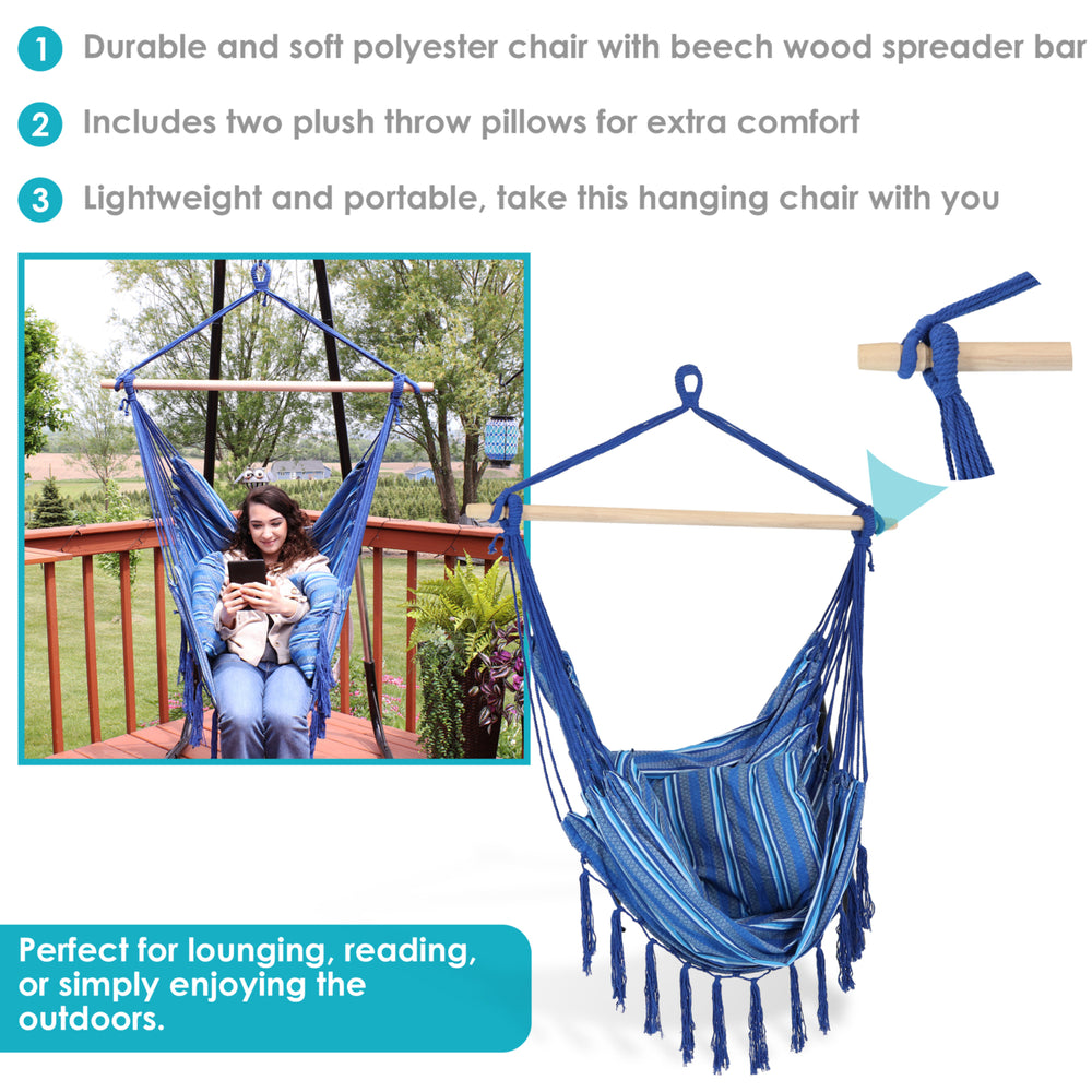 Sunnydaze Polyester Hammock Chair with Cushions and Fringe - Blue Stripes Image 2