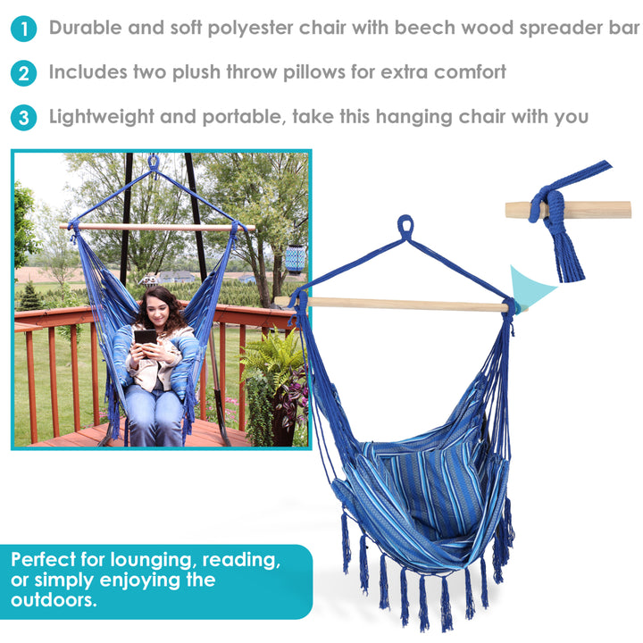 Sunnydaze Polyester Hammock Chair with Cushions and Fringe - Blue Stripes Image 4