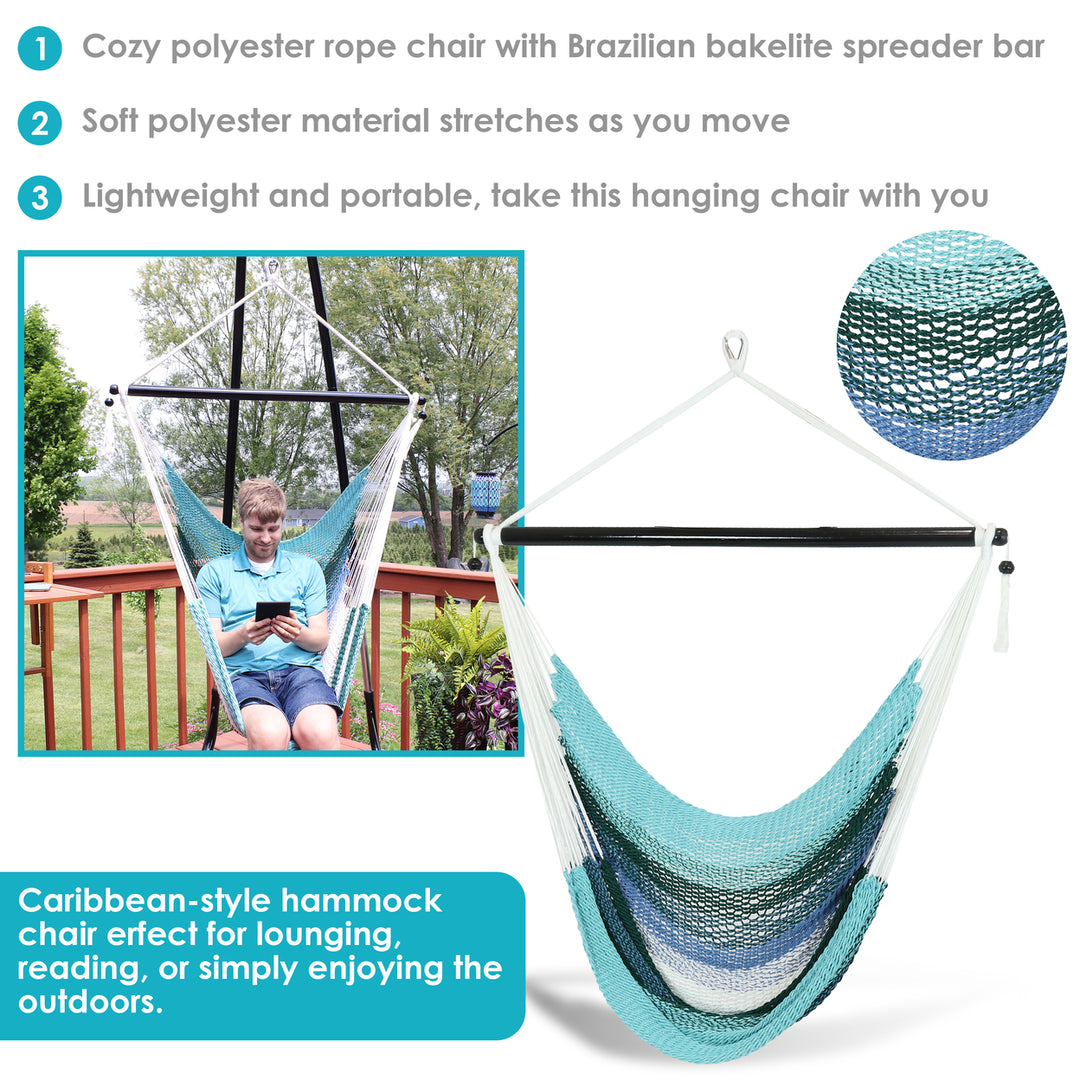 Sunnydaze Polyester Rope Hammock Chair with Cushions - Lagoon Stripes Image 4