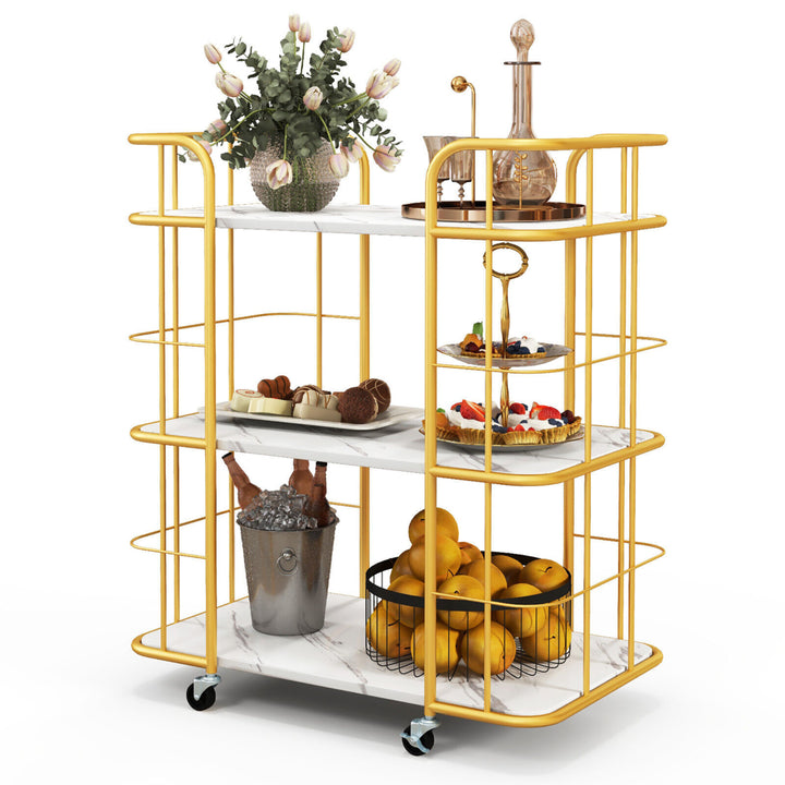 3-Tier Kitchen Storage Utility Cart Gold Rolling Bar Serving w/Lockable Casters Image 1