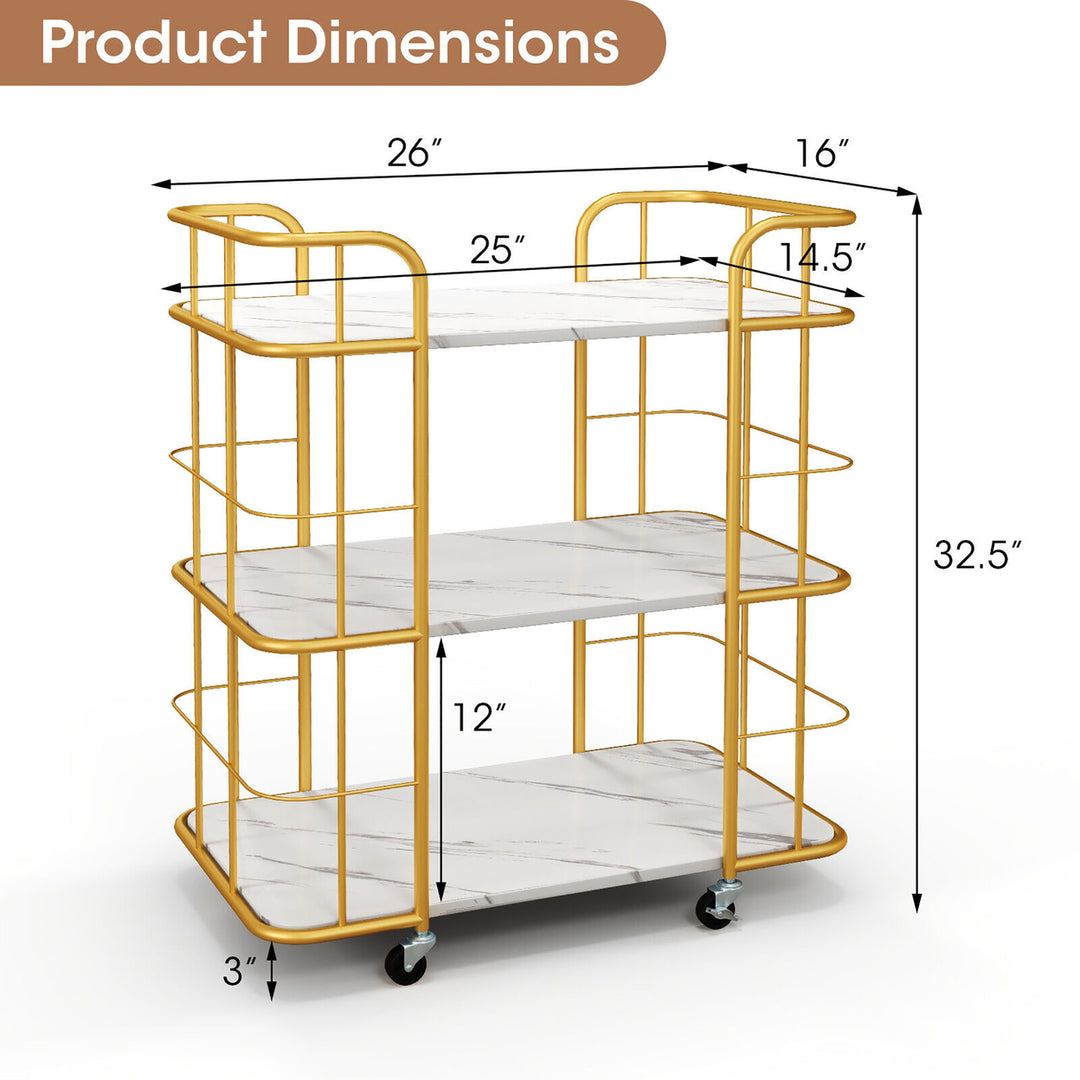 3-Tier Kitchen Storage Utility Cart Gold Rolling Bar Serving w/Lockable Casters Image 3