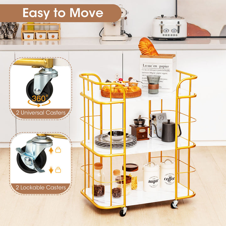 3-Tier Kitchen Storage Utility Cart Gold Rolling Bar Serving w/Lockable Casters Image 4