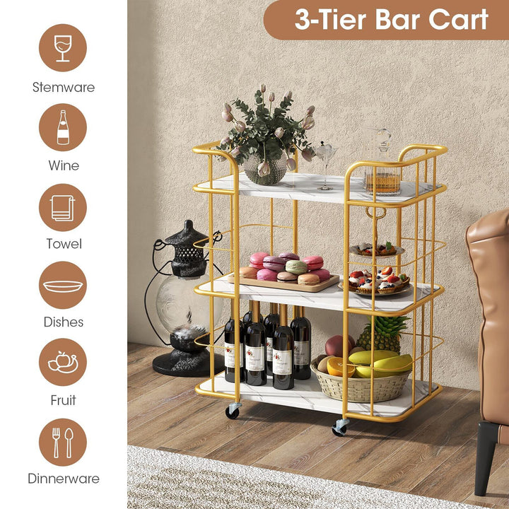 3-Tier Kitchen Storage Utility Cart Gold Rolling Bar Serving w/Lockable Casters Image 5