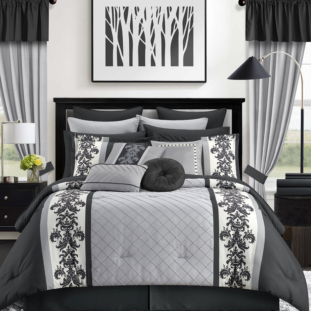 Dyllan 30 Piece Comforter Set Color Block Diamond Stitched Printed Scroll Bed in a Bag Bedding Image 1