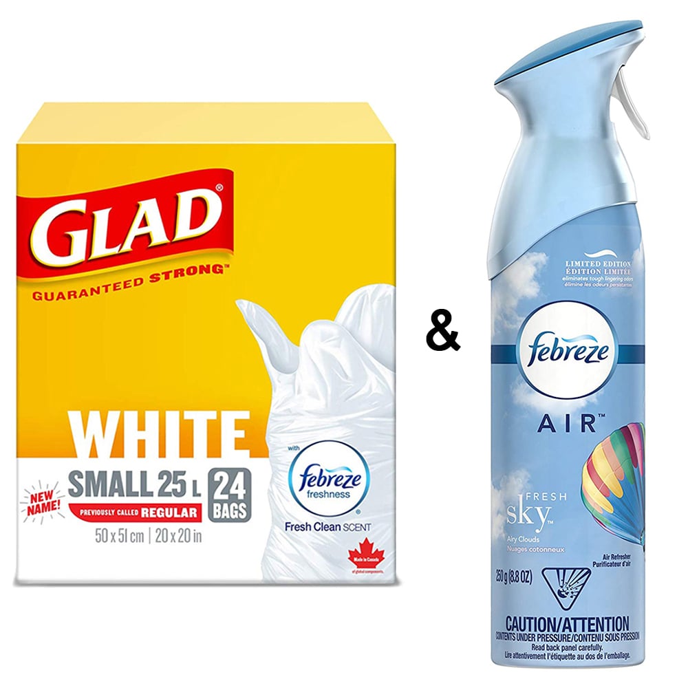 Glad White Garbage Bags - Small 25 Ltr - Fresh Clean Scent, 24 Trash Bags by Febreze and Air Freshener Linen and Sky by Image 1