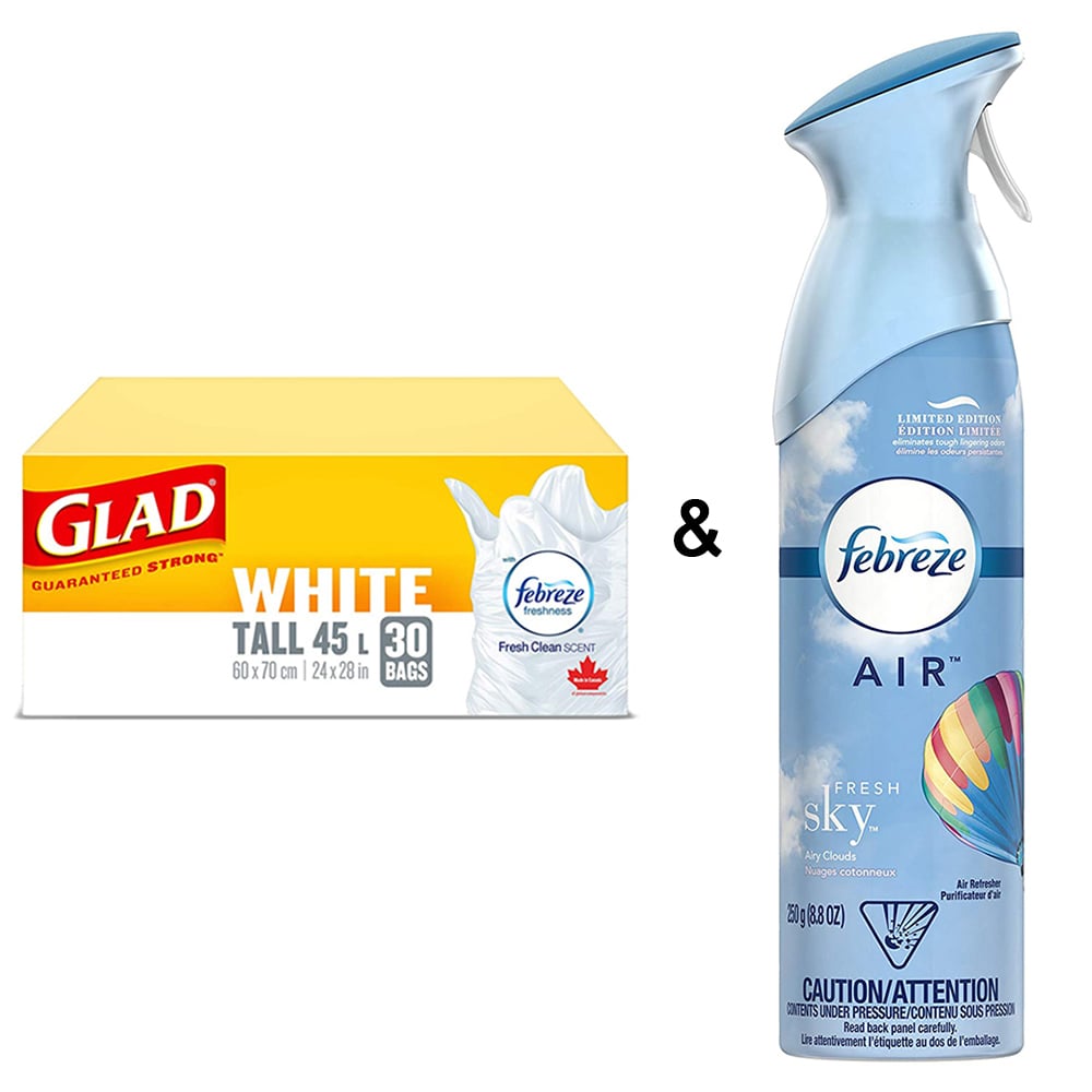 Glad White Garbage Bags - Tall 45 Litres Fresh Clean Scent, 30 Trash Bags by Febreze and Air Freshener Linen and Sky by Image 1