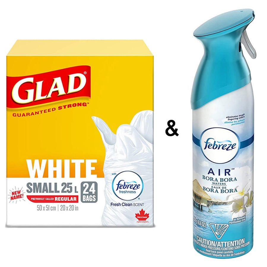 Glad White Garbage Bags - Small 25 Litres - Fresh Clean Scent, 24 Trash Bags by Febreze and Air Freshener, Bora Bora Image 1