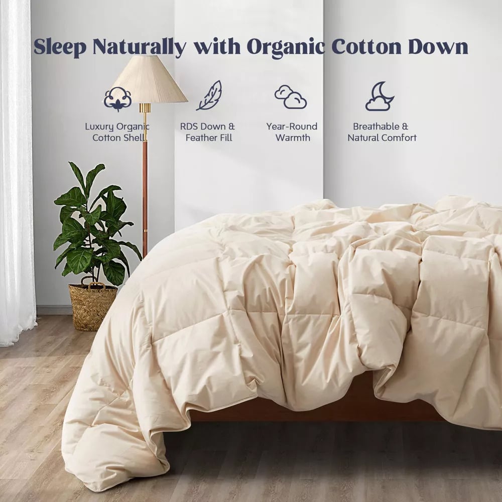 Ultra Soft All Season Organic Cotton Goose Feather Fiber Down Comforter - Medium Warm Quilted Bed Comforter with Corner Image 1