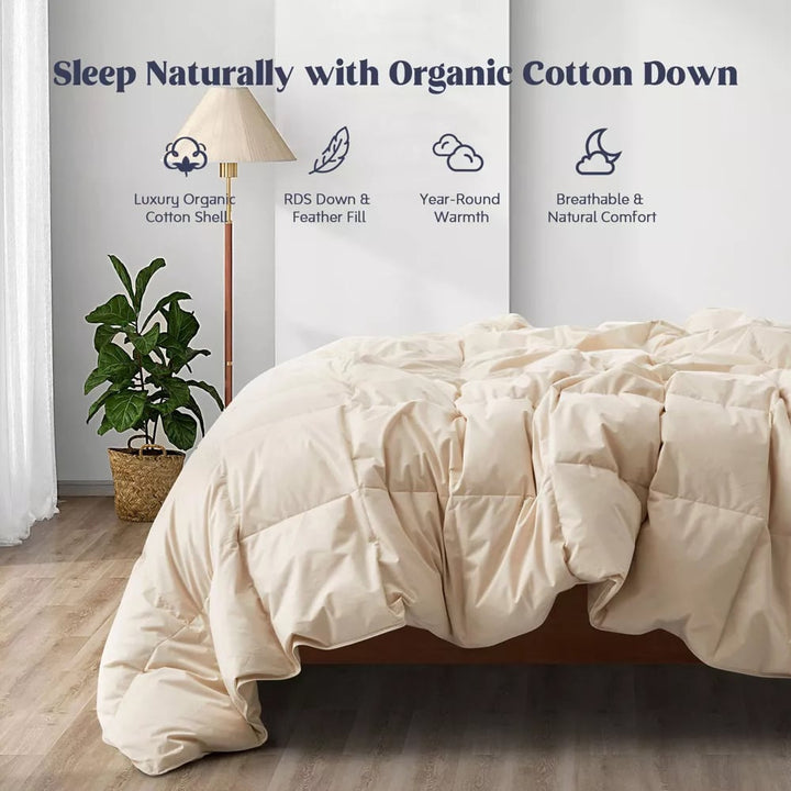 Ultra Soft All Season Organic Cotton Goose Feather Fiber Down Comforter - Medium Warm Quilted Bed Comforter with Corner Image 1