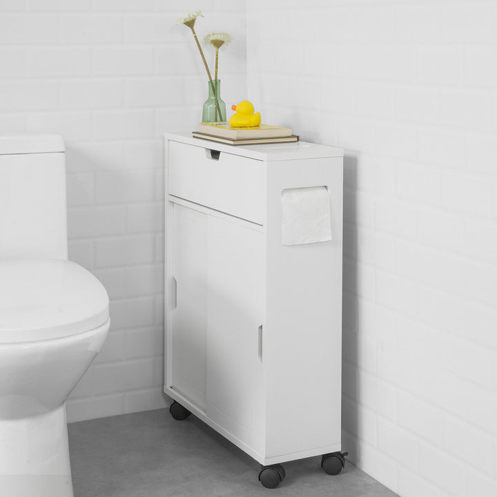 Haotian BZR31-W, White Toilet Paper Roll Holder, Bathroom Cabinet Storage Shelf on Wheels Image 5