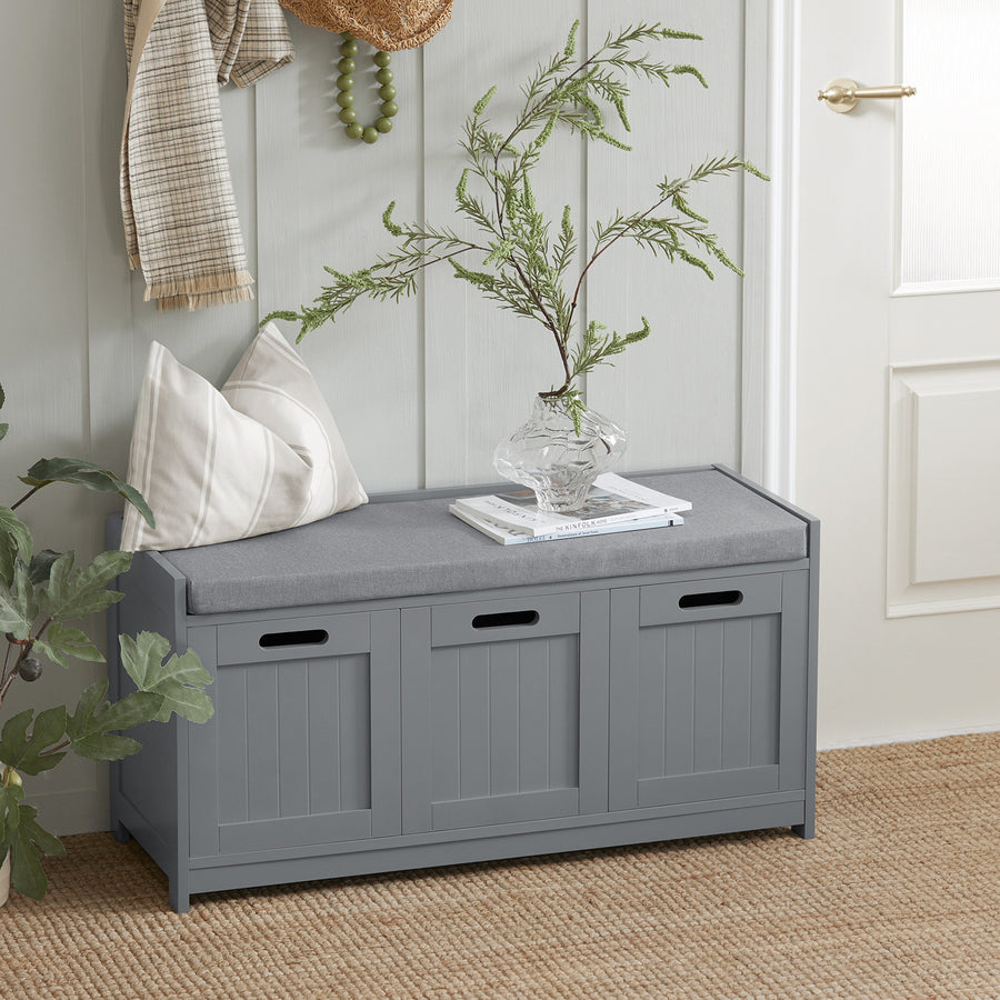 Haotian FSR80-SG, Grey Storage Bench with 2 Cabinets, 1 Drawer and Seat Cushion, Shoe Cabinet Storage Unit Bench Image 1