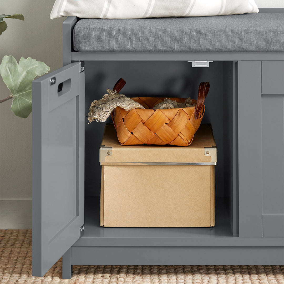 Haotian FSR80-SG, Grey Storage Bench with 2 Cabinets, 1 Drawer and Seat Cushion, Shoe Cabinet Storage Unit Bench Image 4