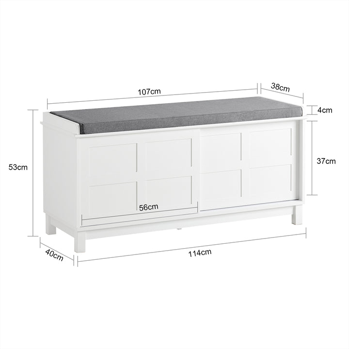 Haotian FSR86-W, White Storage Bench with Sliding Door and Padded Seat Cushion, Hallway Bench Shoe Cabinet Shoe Bench Image 3