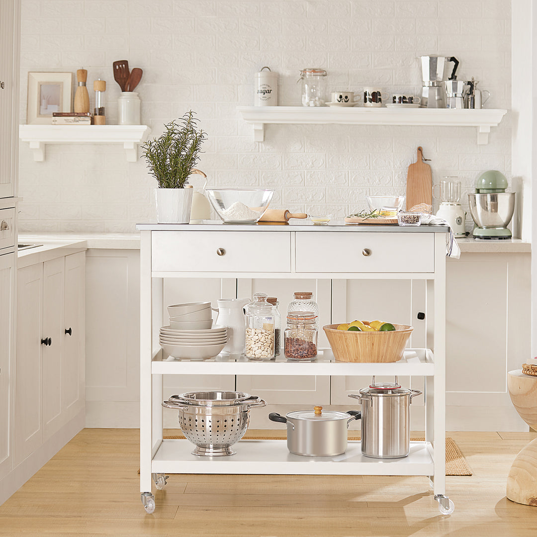 Haotian Kitchen Trolley Storage Cabinet White Stainless Steel Marble Top 39.4in Image 1