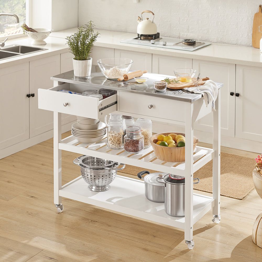 Haotian Kitchen Trolley Storage Cabinet White Stainless Steel Marble Top 39.4in Image 2