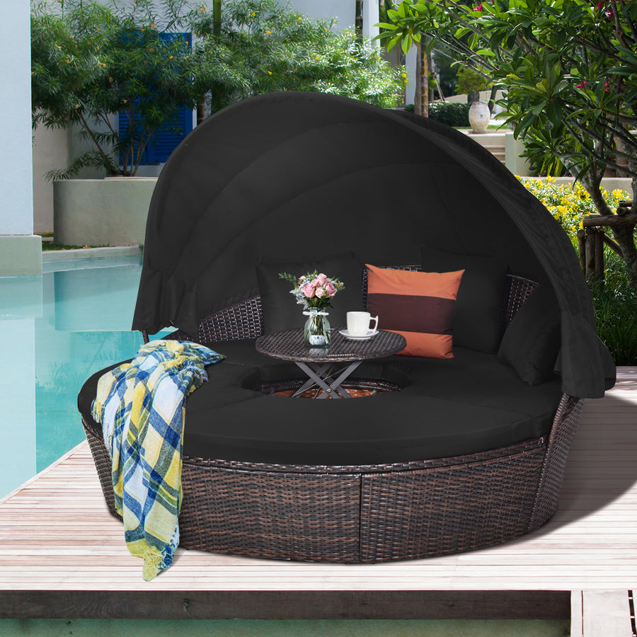 Patio Rattan Daybed Cushioned Sofa Adjustable Table Top Canopy Black Image 1