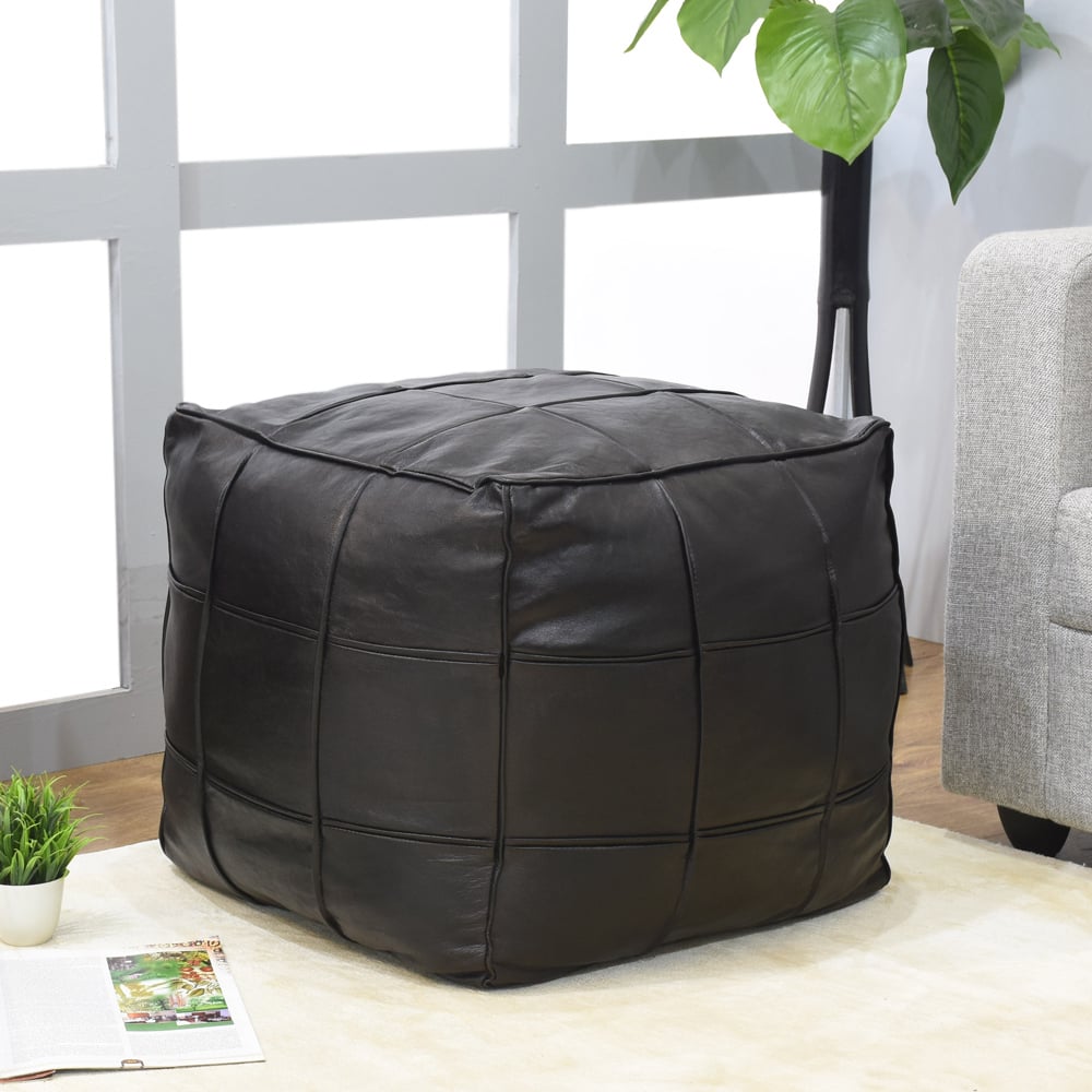 BBH Homes Black Leather Pouf Ottoman Square Shape Model BBBACPF0022 Image 1