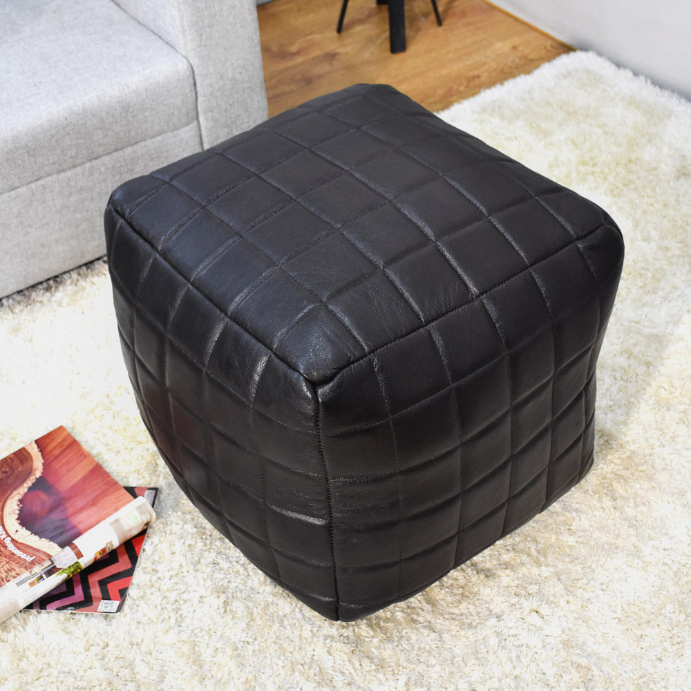 BBH Homes Handmade Black Square Shaped Leather Pouf Ottomans BBBACPF0023 Image 2
