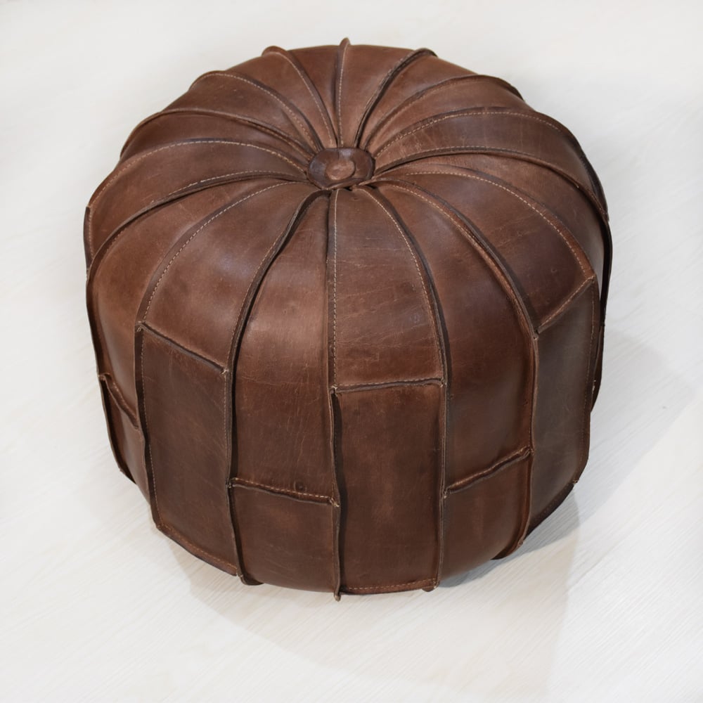 BBH Homes Handmade Brown Round Shaped Leather Pouf Ottomans BBBACPF0027 Image 3