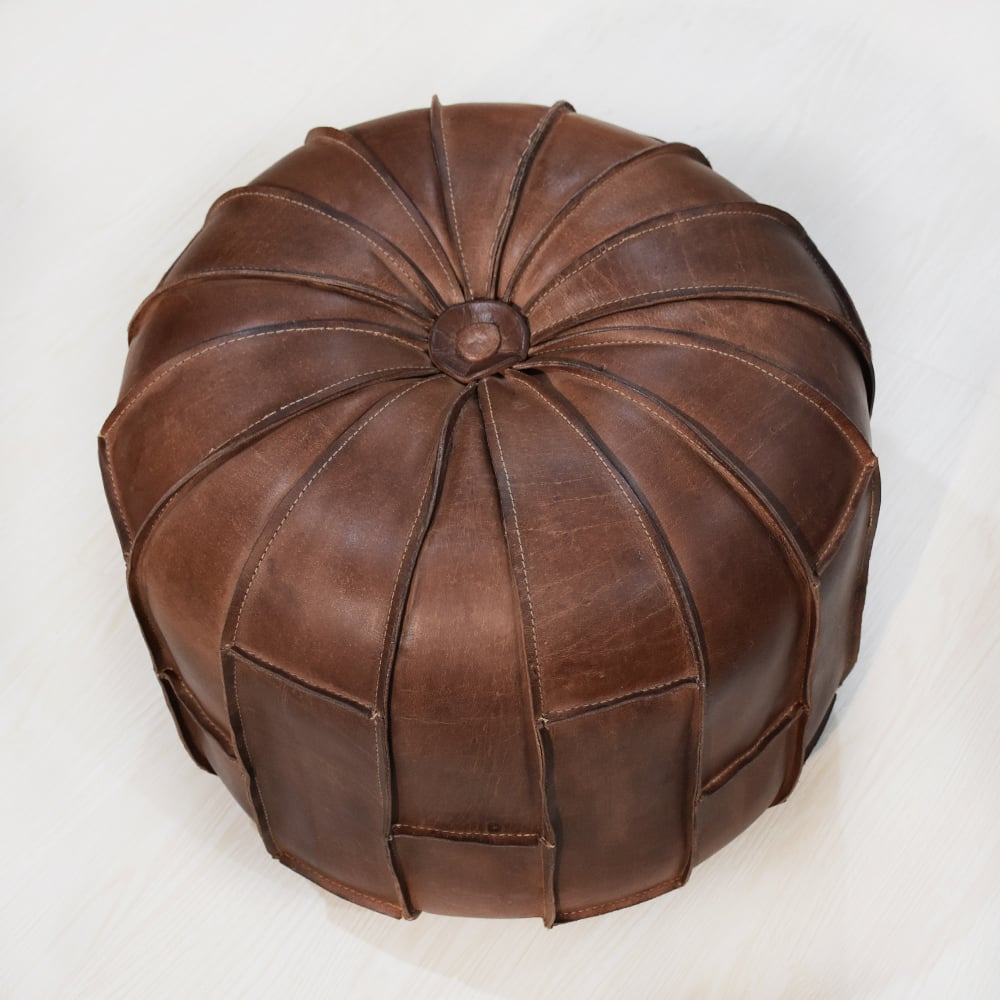 BBH Homes Handmade Brown Round Shaped Leather Pouf Ottomans BBBACPF0027 Image 4