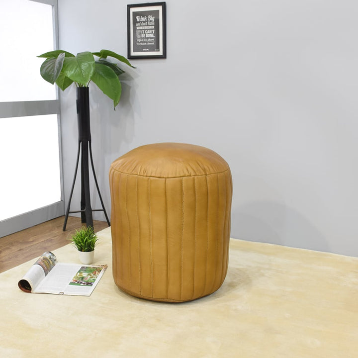 BBH Homes Handmade Beige Leather Round Pouf Ottoman BBBACPF0008 Indoor Decor Image 1