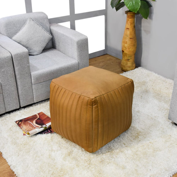 BBH Homes Handmade Beige Leather Round Pouf Ottoman BBBACPF0008 Indoor Decor Image 1