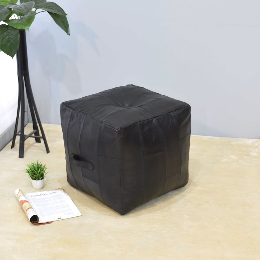 BBH Homes Handmade Black Square Shaped Leather Pouf Ottomans BBBACPF0025 Image 1