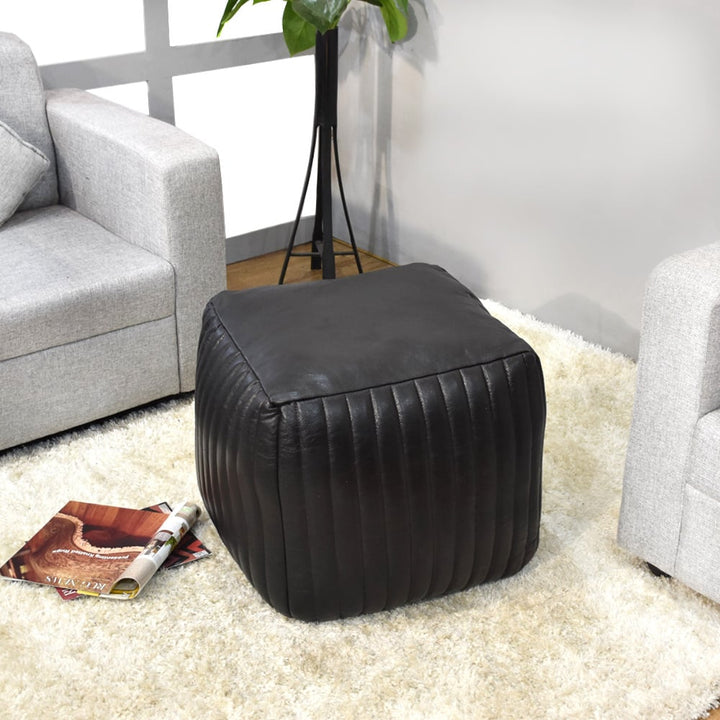 BBH Homes Handmade Beige Leather Round Pouf Ottoman BBBACPF0008 Indoor Decor Image 1