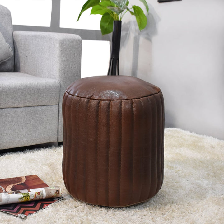 BBH Homes Handmade Beige Round Shaped Leather Pouf Ottomans BBBACPF0008 Image 1