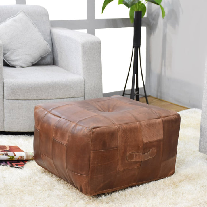 BBH Homes Black Leather Pouf Ottoman Handmade Buffalo Fiber Fill Model BBBACPF0025 Image 1