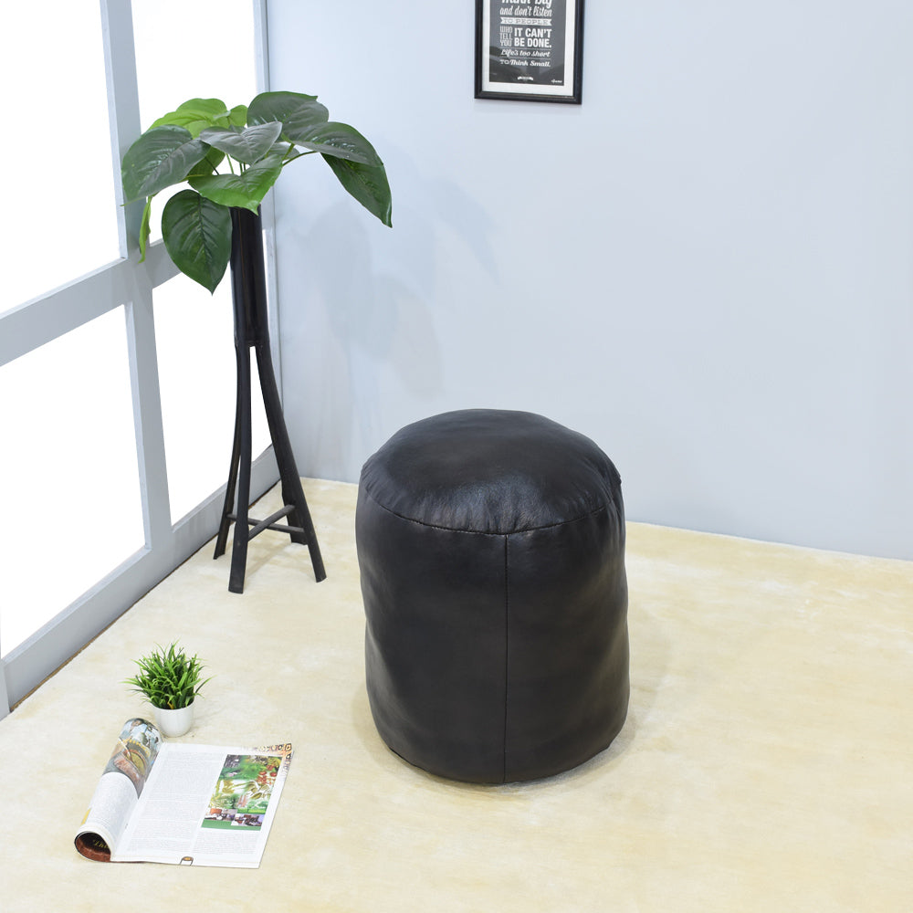 BBH Homes Handmade Black Round Shaped Leather Pouf Ottomans BBBACPF0012 Image 3